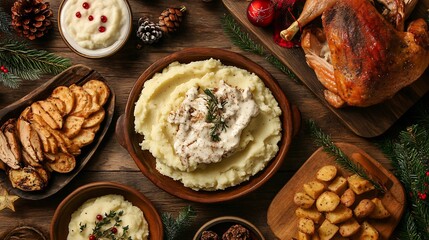 Christmas leftovers feast cozy kitchen scene with leftover turkey mashed potatoes and holiday treats arranged on a wooden table
