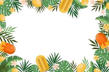 Hand drawn summer banner vector template illustration. Colorful frame with tropical leaves, ice cream, lemons and flowers. Poster backdrop