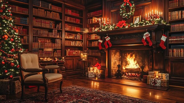 Christmas library interior antique wooden bookshelf cozy reading chair roaring fireplace warm candlelight glow vintage holiday decorations