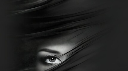 Fototapeta premium A monochromatic portrait of a woman with her hair flowing and eyes shuttered