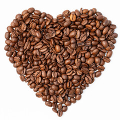 Heart shape made of roasted coffee beans on a white background, symbolizing love for coffee, morning rituals, and passion for caffeine and aroma.