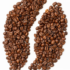 Roasted coffee beans arranged in a stylized coffee bean shape on a white background, symbolizing freshness, aroma, and passion for coffee culture.
