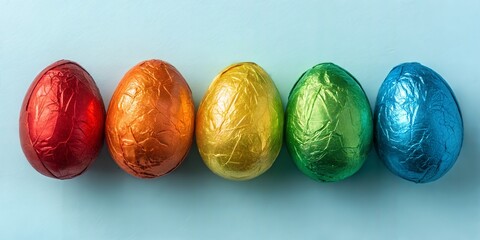 Vibrant Egg Spectrum: A captivating array of foil-wrapped chocolate eggs, each boasting a unique color, arranged in a row. An eye-level shot celebrates the sweetness.