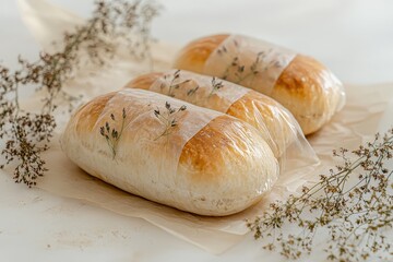 Three loaves of bread are presented wrapped and arranged together