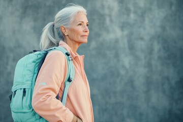 A mature woman with gray hair, wearing a peach jacket and a teal backpack, gazes thoughtfully into the distance.