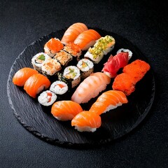 grupo de sushi sobre fundo preto, comida japonesa