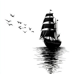 Silhouette of a ship sailing on the horizon, isolated on white background