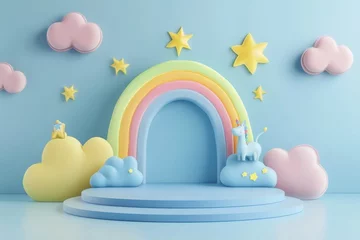 3d cartoon podium scene for baby boy product showcase with rainbow and whimsical sky design