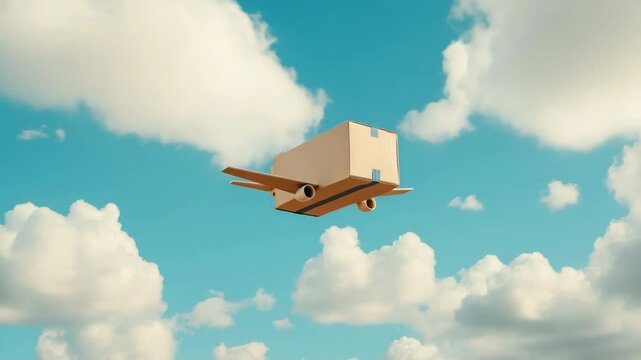 A cardboard box is flying through the sky. The sky is blue with some clouds. The box is the only object in the image