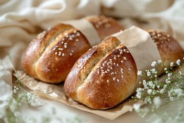 Freshly baked sesame bread rolls resting on a parchment paper