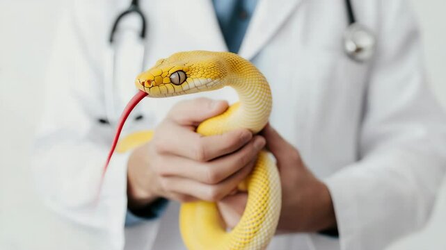 A veterinarian holds a yellow snake in his hands.