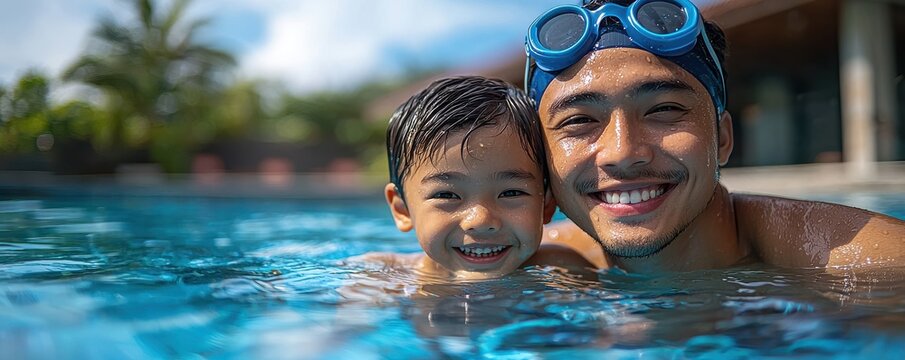 Father and son smiling together during a swim in a pool - Powered by Adobe