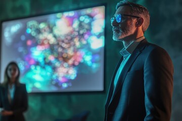A thoughtful businessman stands before a presentation, contemplating data visualization on a large screen.