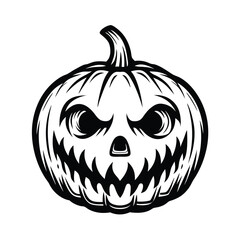 Handdrawn Pumpkin Black Silhouette with Scary Carved Face Isolated on White