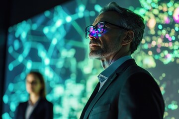 A pensive businessman contemplates a complex network visualized on a large screen, symbolizing data analysis and strategic planning.