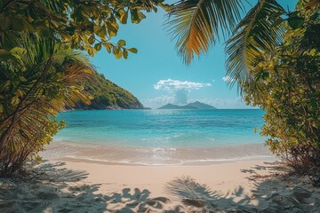 Tropical beach surrounded by palm trees with an island view in clear sunlight