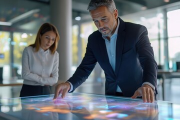 Business colleagues collaborate on interactive display, analyzing data and strategizing for future growth.