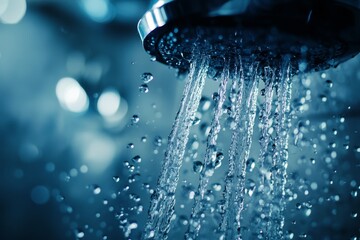 Close up of showerhead with water flowing, soft lighting enhancing chrome and blue hues in bathroom