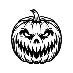 Spooky Pumpkin Carving Silhouette, Halloween Design, Evil Expression, Black and White Ink