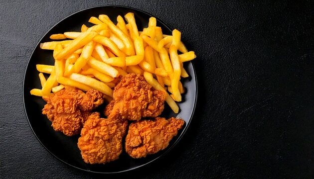 batata frita e frango frito empanado no prato