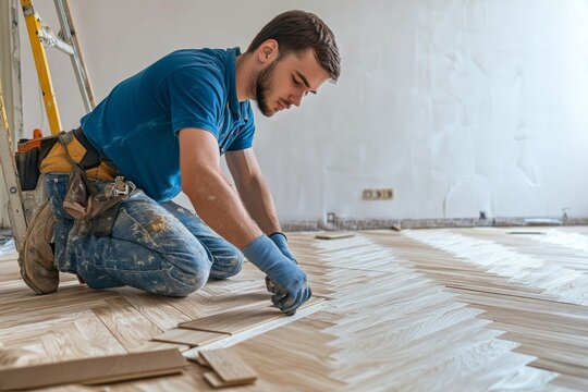 Skilled young carpenter installing parquet flooring in a bright, empty apartment space