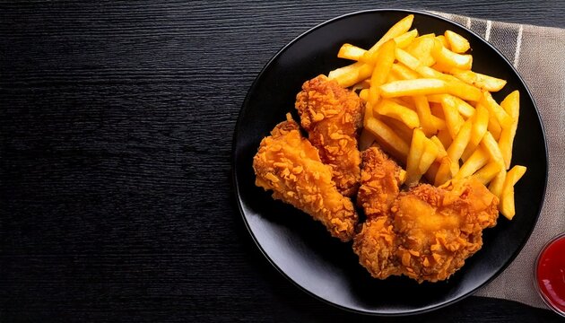 batata frita e frango frito empanado no prato