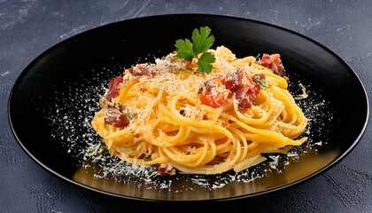 delicioso prato de macarrão com queijo em fundo preto