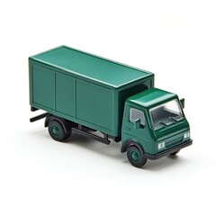 Small green delivery truck toy.  A miniature, dark green cargo truck, isolated on a white background.  Compact and detailed model