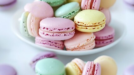   A plate full of vibrant macaroons rests on the table beside various macaroni dishes