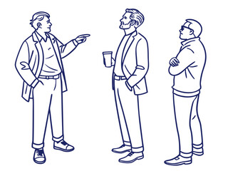 Group of Men Engaged in Conversation on White Background