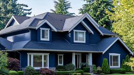 Naklejka premium Beautiful blue home exterior featuring lush greenery and inviting design elements : Generative AI