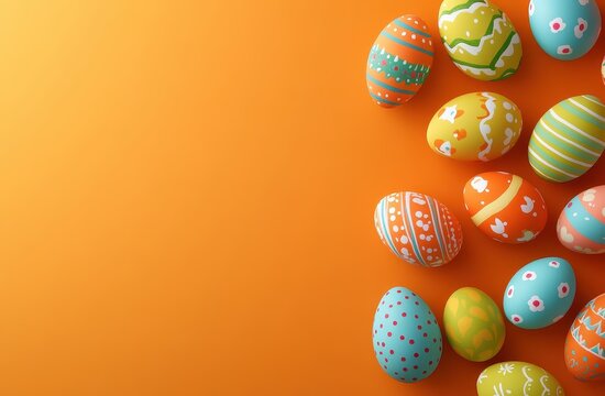 Easter background with painted eggs on an orange color, flat lay, top view, copy space concept