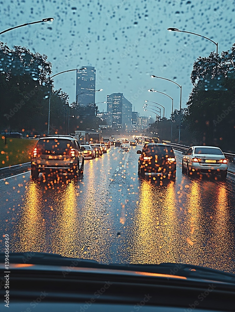 Poster Rainy cityscape view with illuminated streets and wet windshield displaying lively traffic at dusk : Generative AI