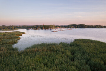 Lake Landscape: Aerial View with Marina and Reeds. Dabie Lake, Szczecin Poland