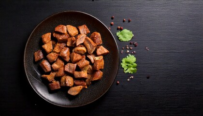cubos de carne cozida e temperada sobre fundo preto