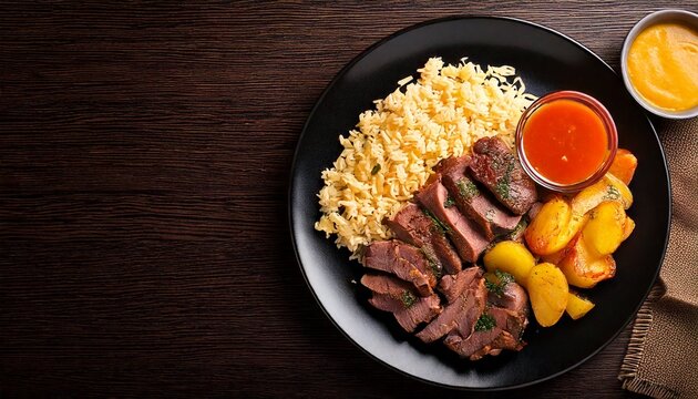 prato com carne grelhada, arroz, batatas e molho sobre a mesa, visto de cima
