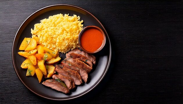 prato com carne grelhada, arroz, batatas e molho sobre a mesa, visto de cima