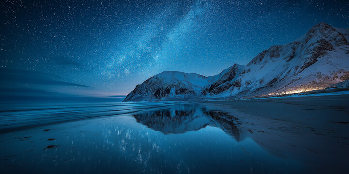 Stunning arctic night scene with snowy mountains reflecting in calm ocean under a starry sky and Milky Way, magical winter landscape with coastal twilight glow