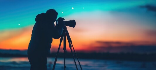 Fototapeta premium A photographer capturing the aurora with a tripod and camera
