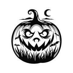 Halloween Pumpkin Face Silhouette with Bats, Moon, and Grass Black and White