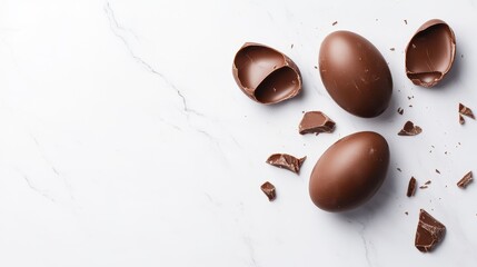 Obraz premium Photo of a broken chocolate Easter egg with copy space on a white marble background.