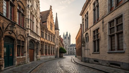 Obraz premium A charming cobblestone street lined with historic buildings in a European town, suggesting a journey through time.