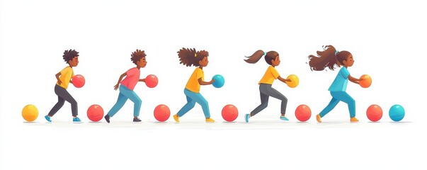 Fototapeta premium Group of children playing with colorful balls in a flat art style