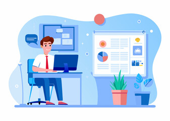 Data analyst at work in the office image. Cartoon vector illustration