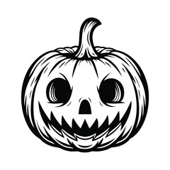 Monochrome Pumpkin Silhouette, Halloween Spooky Carved Face, Isolated on White Background