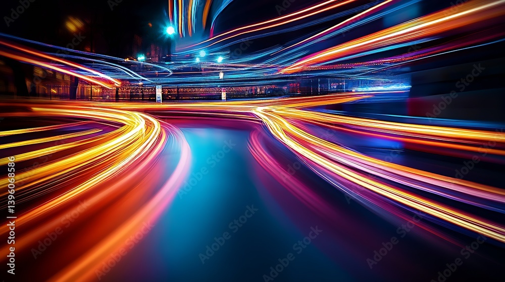 Poster Dynamic light trails creating a vibrant urban scene with motion blur : Generative AI