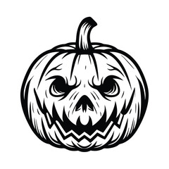 Spooky Pumpkin, Creepy Face with Stem, Traditional Halloween Decoration, Black and White