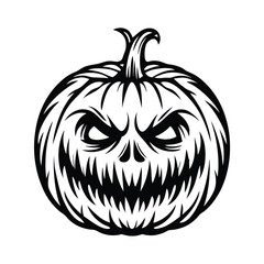 Monochrome Carved Pumpkin with Angry Face, Halloween, Festive, Decorative, Spooky, Isolated