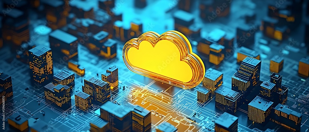 Poster futuristic illustration of a digital city with a prominent glowing cloud symbol representing technol