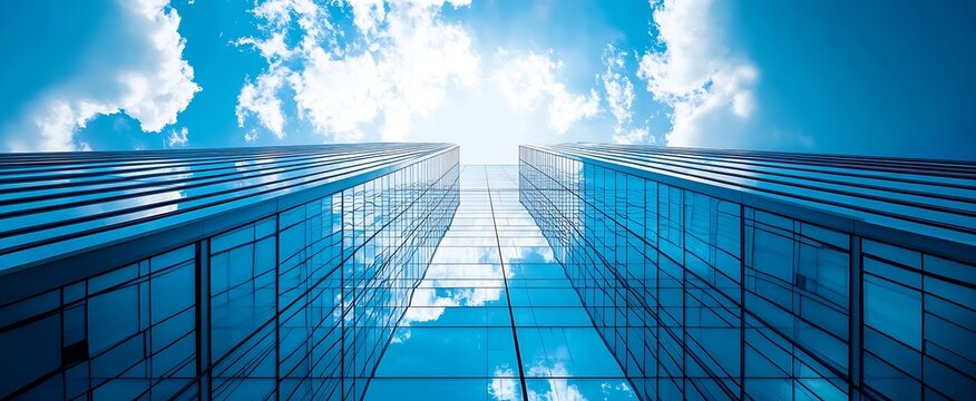Impressive skyscrapers reflecting the vibrant blue sky and clouds in modern urban setting : Generative AI